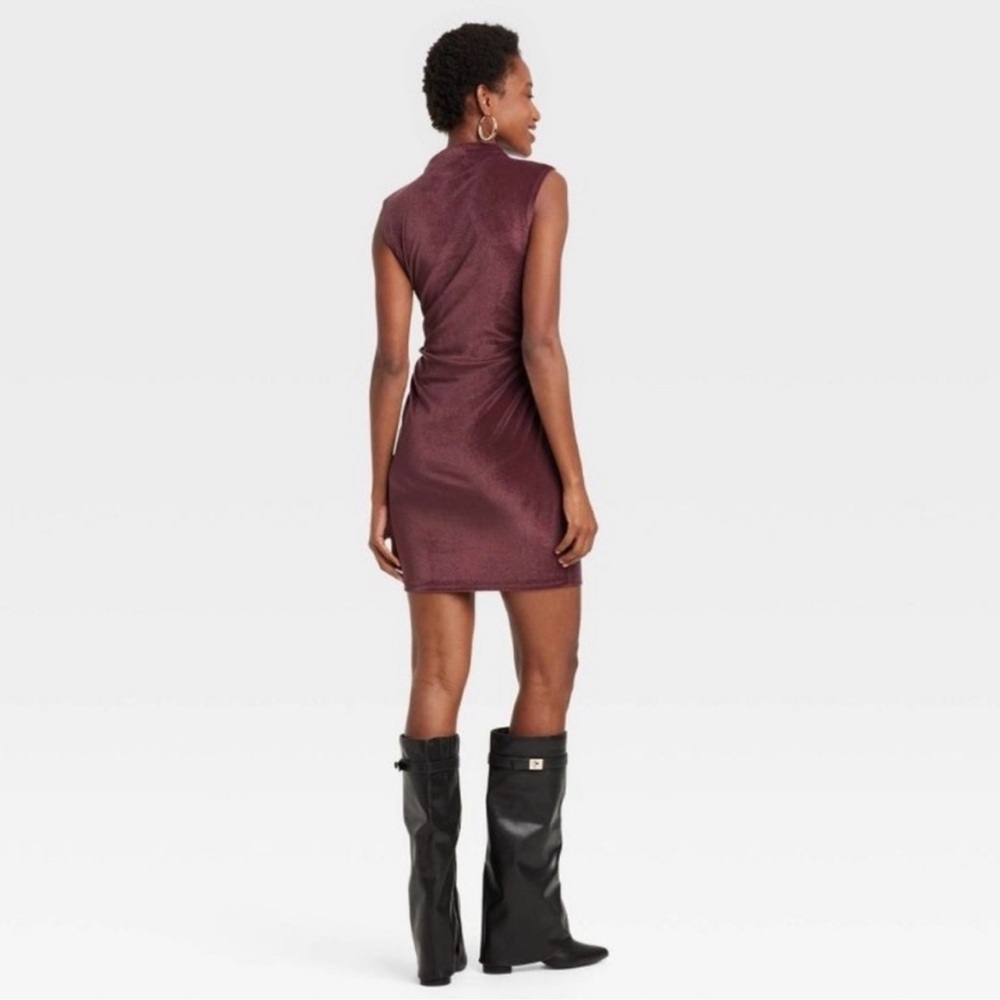 A New Day Target Velvet Ruched Mini Dress Mock Neck Burgundy Bodycon New Tags XS - Picture 2 of 2